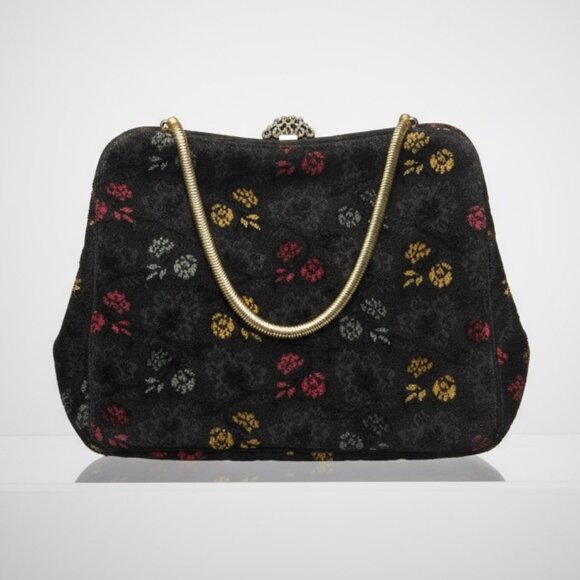 Vintage Crown Lewis Handbag Black w/ Gold Accents Floral Brocade - Picture 13 of 13